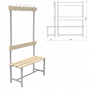 Скамья с вешалкой, спинкой "СВТ 4", 1765х1000х395 мм, 6 крючков, дерево, металлокаркас