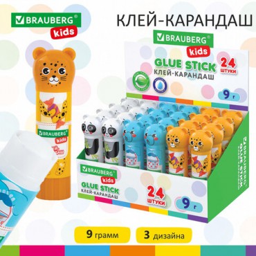 Клей-карандаш "Зверята: панда, слон, леопард", 9 г, фигурный колпачок, BRAUBERG KIDS, 271139