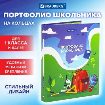 Папка-портфолио школьника/дошкольника "ШКОЛЬНАЯ ИСТОРИЯ", 4 кольца, обложка твёрдая матовая, BRAUBERG, 115241