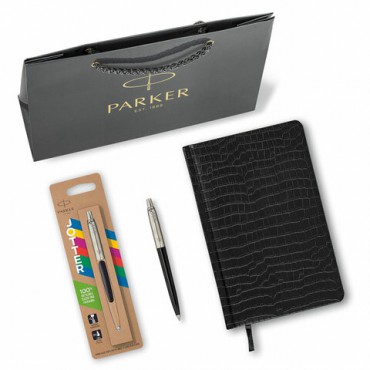 Ручка шариковая PARKER "Jotter Plastic CT", корпус черный, ежедневник А5 черный, золотой срез, пакет, 880894