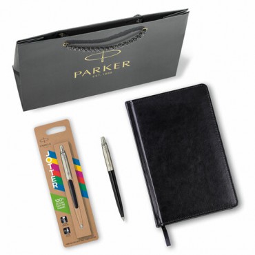 Ручка шариковая PARKER "Jotter Plastic CT", корпус черный, ежедневник А5 черный, белый срез, пакет, 880895