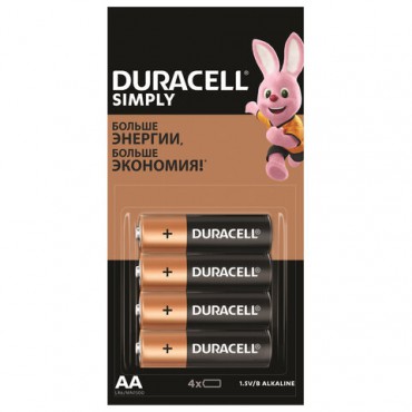 Батарейки КОМПЛЕКТ 4 шт. (отрывной блок) DURACELL Simply ОРИГИНАЛ, AA (LR6, 15А), алкалиновые, пальчиковые, Б0046868