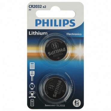 Батарейки литиевые PHILIPS Lithium CR2032 "таблетки, дисковые, кнопочные" КОМПЛЕКТ 2 шт., блистер, Б0062716