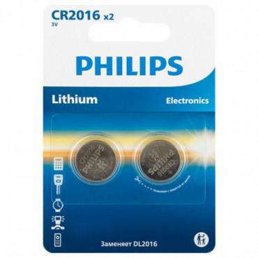 Батарейки литиевые PHILIPS Lithium CR2016, таблетки, дисковые, кнопочные, КОМПЛЕКТ 2 шт., в блистере, Б0064674